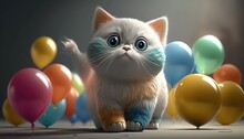 Cute Baby Cat With Balloons. Created With Generative AI.