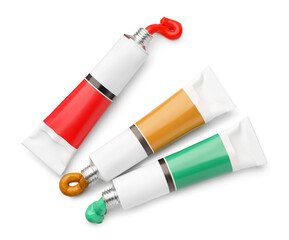 Canvas Print - Tubes with oil paints on white background, top view