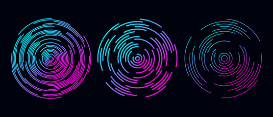Poster - Concentric circle segments set in dark theme. Rippled round patten collection. Blue purple sound wave rings. Epicentre, target, radar icon concept. Radial signal or vibration elements. Vector
