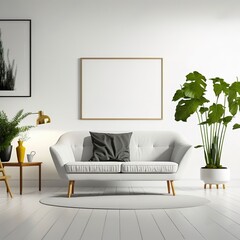 Wall Mural - large white blank canvas without frame hanging on the wall of modern light interior, generative AI