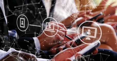 Poster - Animation of connections with icons, data processing over business people using smartphones