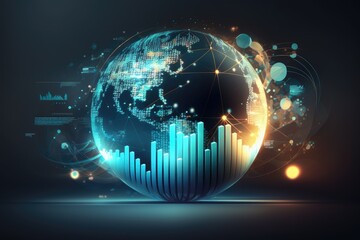 Wall Mural - Blurred digital globe and abstract bright business chart. Finance, economic, and monetary trends. Exposure twice as bright. Generative AI