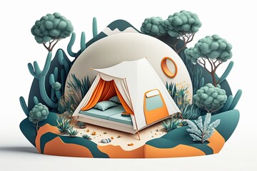 Poster - warm and inviting, the orange tent's occupants cuddle on mattresses and pillows in the bush. generat