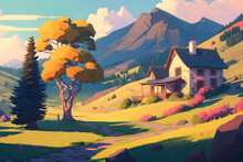 Lovely Grunge Landscape, Rural Setting, Rolling Hills, Cinematic Lighting, In The Style Of Atey Ghailan And Albert Bierstadt, Landscape With Trees And Mountains, Wallpaper, Generative AI