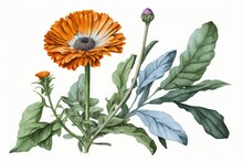 Watercolor Painting Of A Calendula Flower Isolated On White. Orange Blossoms On A Branch. A Plant Used In Medicine And In Homeopathic Medicines, Such As Tea. Labels Are A Crucial Part Of Any Package's