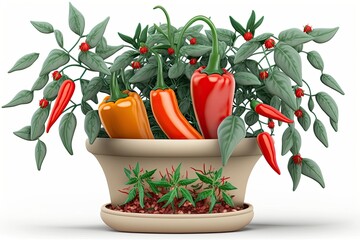 Canvas Print - Hot red peppers growing on a green bush in a clay pot, together with entire, organic jalapeos and smaller, fresh red peppers. Harvested in the fall, the chili peppers in their pots are a vibrant, rich