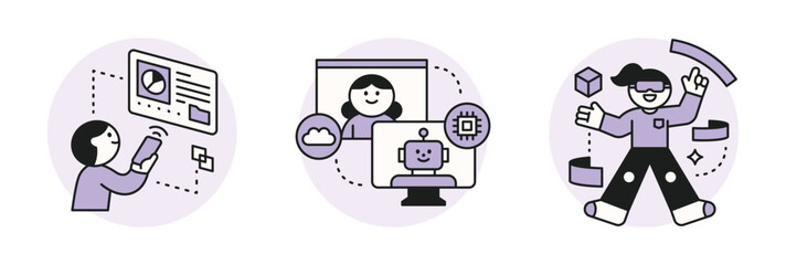 Poster - The Age of AI. Intelligence Meets Technology. Business concept illustration with people and icons. People are experiencing virtual reality and sharing data.