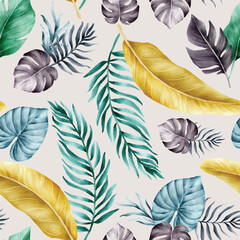  Beautiful colorful tropical leaves watercolor seamless pattern