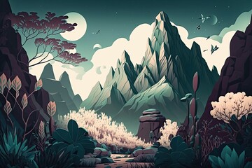 Sticker - dense vegetation, looming mountains, and a gloomy atmosphere. Generative AI