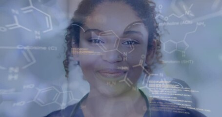 Poster - Animation of medical data processing over biracial female doctor in hospital