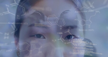 Poster - Animation of medical data processing over asian female doctor in hospital