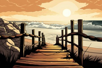 Poster - Portuguese ocean sunset. Scenes of waves and dunes at the beach. Coastal dune systems. Portugal's Atlantic coast, as seen from a wooden pier with grass. A pier made of wood leading out to a rocky beac