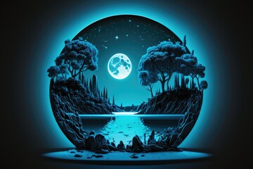 Poster - shine the moonlight on an abstract island in a futuristic night environment. scene from nature at ni