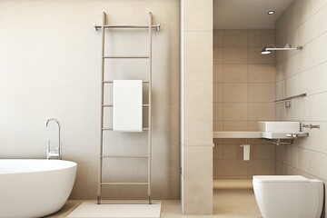 Poster - Bathroom in beige with tub, shower, and towel rail ladder on a light concrete floor. A separate area for doing laundry in the hotel room. Generative AI