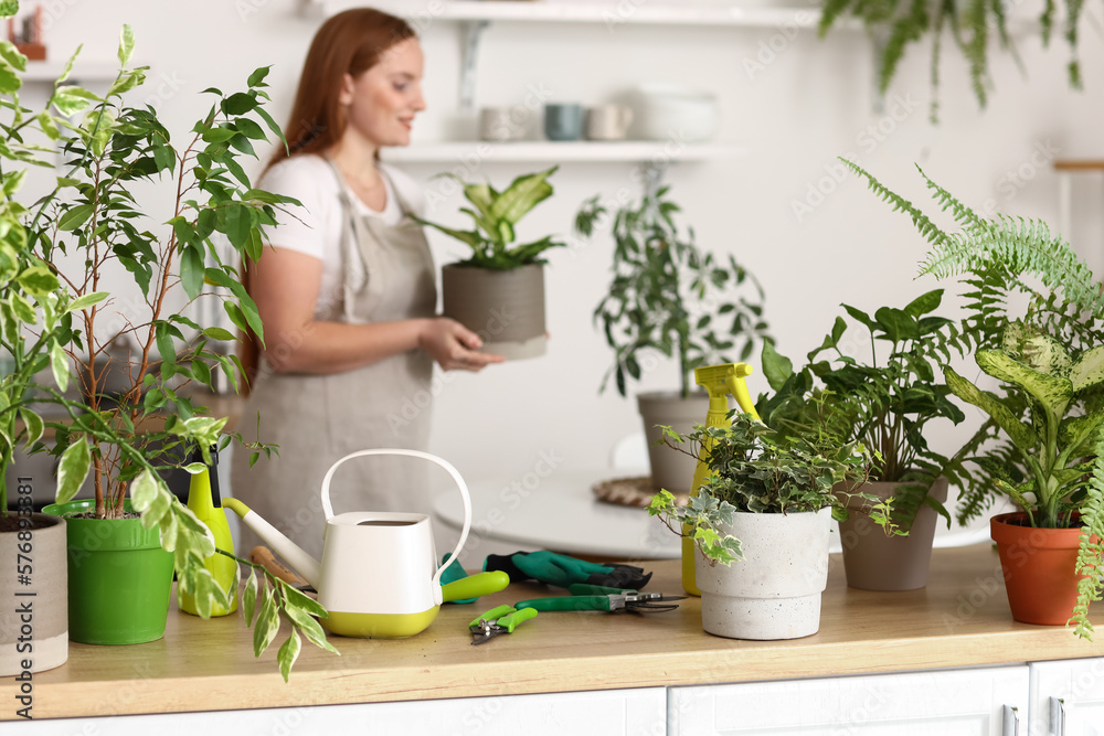 Young woman with green houseplants in kitchen