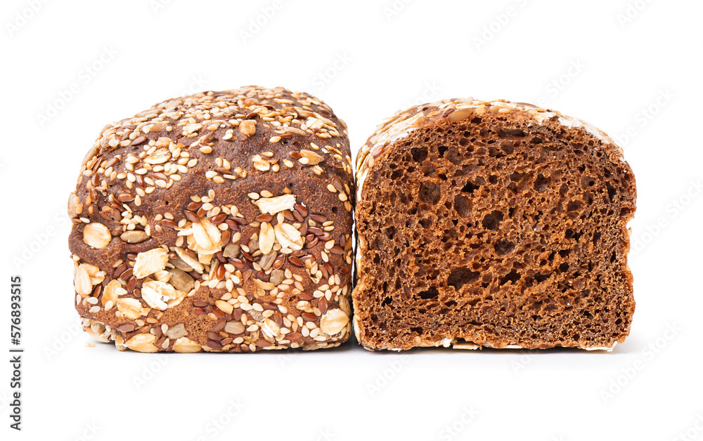 Fresh loaves of rye bread with various seeds isolated on white background