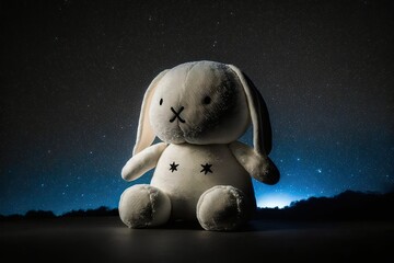 Poster - The frightful expression on the plush rabbit toy. The mysterious rubber rabbit in the night. Generative AI