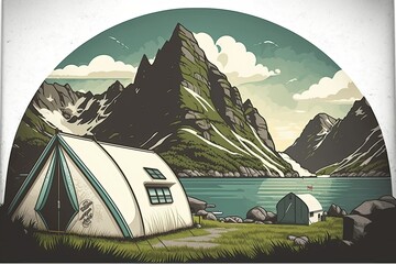 Canvas Print - Bunesfjorden, Lofoten, Norway, with a green tent set up on the campsite and a gorgeous view of the fjord. Generative AI