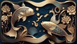 4K resolution or higher, oriental line art with golden texture. Wallpaper design with flower and koi carp fish. Generative AI Technology