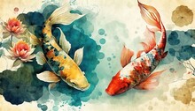 4K Resolution Or Higher, Koi Fish Decorate In Water Color Texture. Generative AI Technology