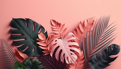 Wall Mural - 4K resolution or higher, minimal background in pink flowers and tropical summer leaf. Generative AI Technology