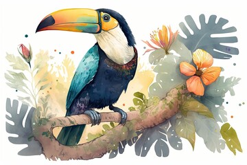 Wall Mural - Watercolor depiction of a toucan bird perched on a tree and gazing at the viewer. Generative AI