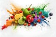 Mixed Of various Fruit and vegetable with colorful splash, healthy food background, Ai generated