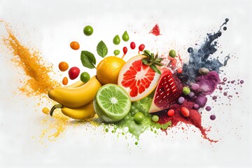 Mixed Of various Fruit and vegetable with colorful splash, healthy food background, Ai generated