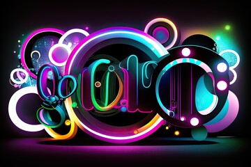 Poster - words like abstract background, round gateway, pink and blue neon lights, virtual reality, circles, 