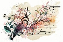 Moody Watercolor Cherry Blossoms With Musical Notes For The Background. Generative AI