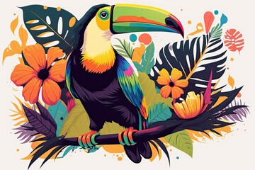 Wall Mural - The toucan is a tropical bird. Typical hawaiian print motifs include exotic or tropical birds and vegetation. For a tropical summer theme, a jungle setting. Generative AI