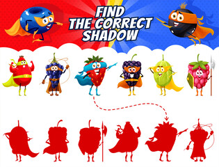 Poster - Find the correct shadow of cartoon superhero berry characters. Kids vector game worksheet with comic rosehip, grape, strawberry and blackberry, gooseberry and raspberry super hero personages shades