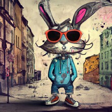 Cartoon Rabbit Wearing Street Clothes In Urban Setting Generated AI
