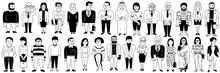 Cute Character Doodle Illustration Of Many Different Businesspeople Or Office Workers, Multicultural Concept, Arabian, African, Asian, Caucasian, Sikhs, Indian. Full Length. Black And White Ink Style.