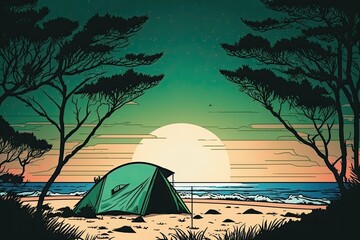 Poster - A green tent, used by a traveler Setting among the sand and the pines Viewing the sunset over the ocean and sky Camping in Chonburi, Thailand is a great way to unwind. People take very long vacations