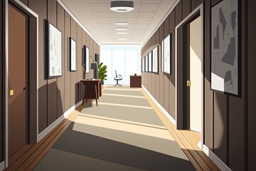 Poster - Large white wall in the office corridor, and a row of conference rooms with wood paneling and flooring. Practice run. Generative AI