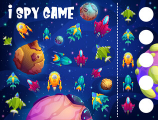 Poster - I spy game cartoon starship, starcraft and space shuttles. Kids vector riddle with cartoon rockets and ships in cosmos or galaxy. How many spaceships children test, education task for children