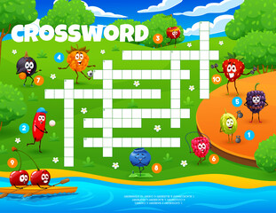 Aufkleber - Crossword grid cartoon berry characters on summer vacation. Quiz game for kids with vector gooseberry, barberry, cherries, cloudberry, blackberry, raspberry, black currant, blueberry and strawberry