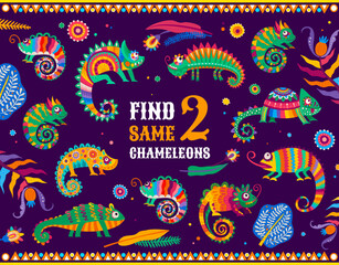 Poster - Find two same mexican chameleon lizards kids game worksheet. Vector match the similar pair of tropical reptiles riddle for children. Development puzzle, task or educational family leisure activity