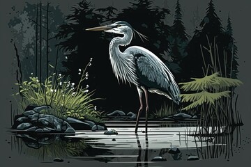 Sticker - A gray heron stands in a mucky bog deep in a foreboding northern forest. Generative AI