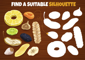 Poster - Dried fruits find a suitable silhouette kids game. Vector shadow match worksheet riddle with pineapple, kiwi, dates, and apple, raisin, melon braid, banana and apricot, mango or persimmon logic test