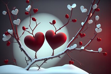 Wall Mural - Wintertime red hearts on a snowy branch. Holidays. Sending warm wishes for a day dedicated to love. The idea of loving with one's heart. Generative AI