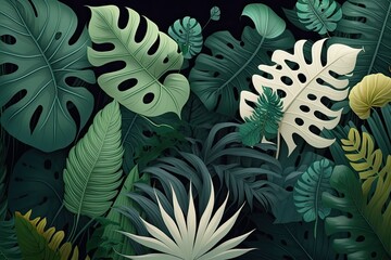 Poster - dark green tropical leaves form a background grouping ( monstera, palm, coconut leaf, fern, palm lea