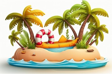 Sticker - Inflatable raft and palm tree symbolize carefree summer fun. A place to put the copy. Generative AI