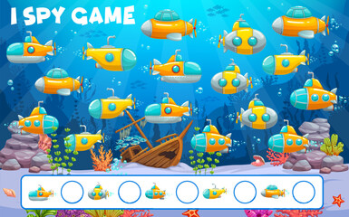 Poster - Cartoon underwater submarine and bathyscaphe i spy game worksheet. Kids vector riddle count how many sub boats on sea bottom. Children test, education task for family recreation, brainteaser fun