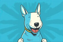Blue Backdrop With A Smiling Bull Terrier. Adorable Dog Studio Is A Design Studio. Generative AI