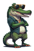 Cooles Krokodil In Mit Hemd, Hose Und Sonnenbrille / Tier Cartoon Grafik 