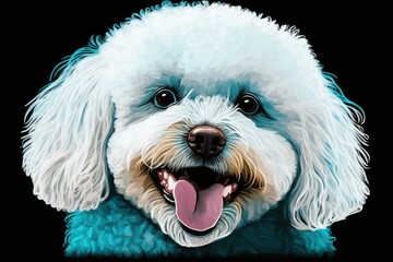 Wall Mural - Portrait of a charming and beautiful bichon on a blue studio background; the dog is smiling and sticking its tongue out. Generative AI