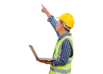 Wall Mural - Foreman in hardhat with laptop at the infrastructure construction site, Engineer checking project at the building site