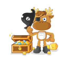 Sticker - moose pirate with treasure mascot. cartoon vector